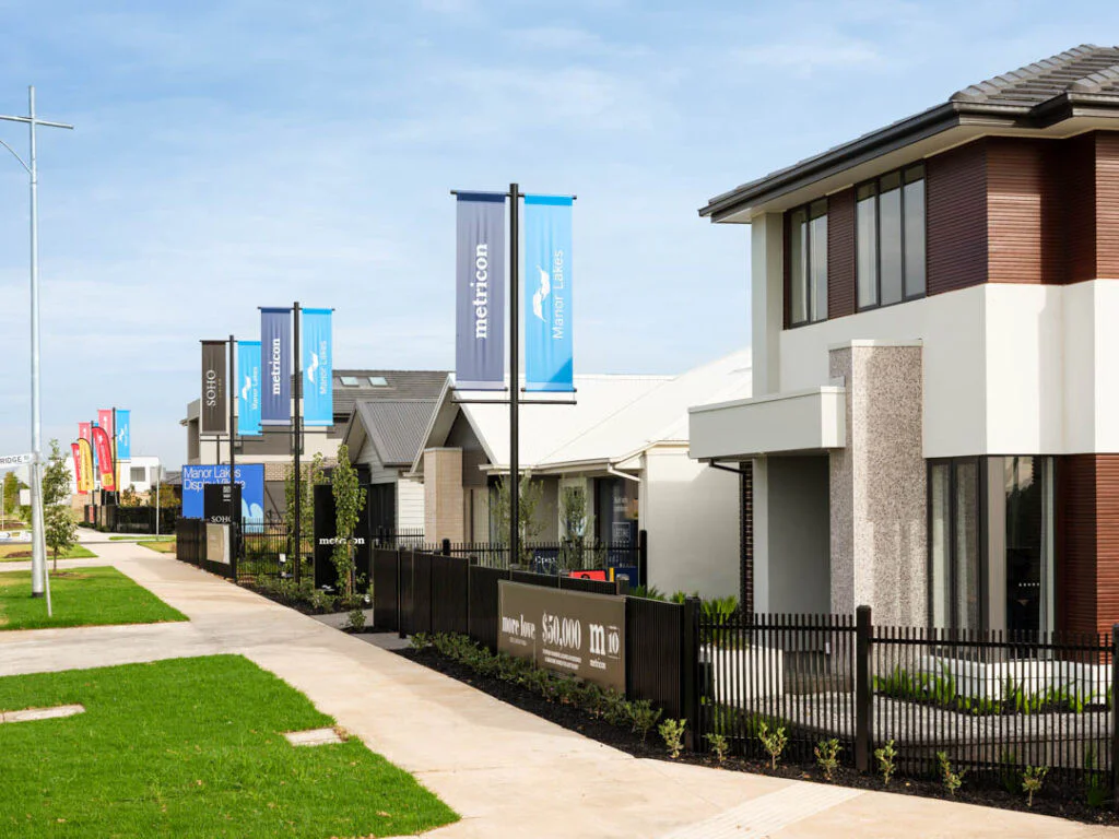 A bright street with display homes in Melbourne