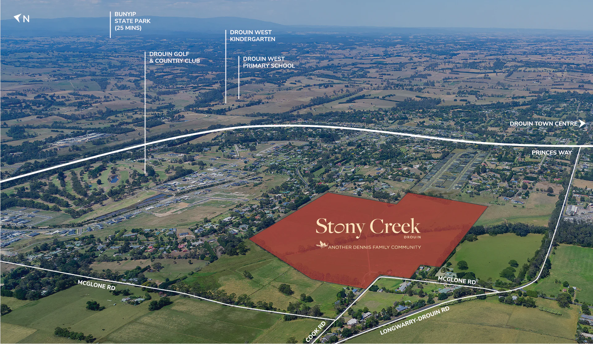 Aerial photo of Drouin with overlay showing Stony Creek residential development