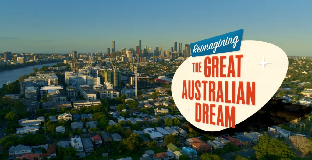 Aerial shot over Brisbane with documentary title