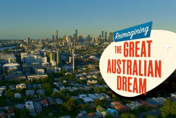 Aerial shot over Brisbane with documentary title